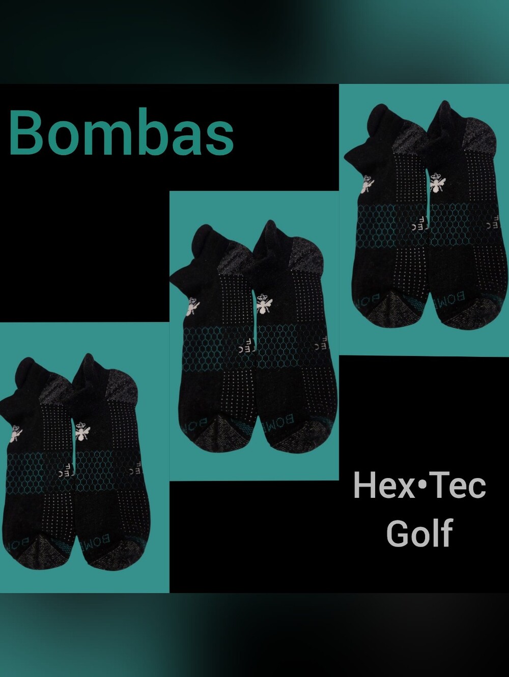Bombas Ankle Socks 3 Pair BNWOT Mens Hex•Tec Golf XLarge Black/Green/White